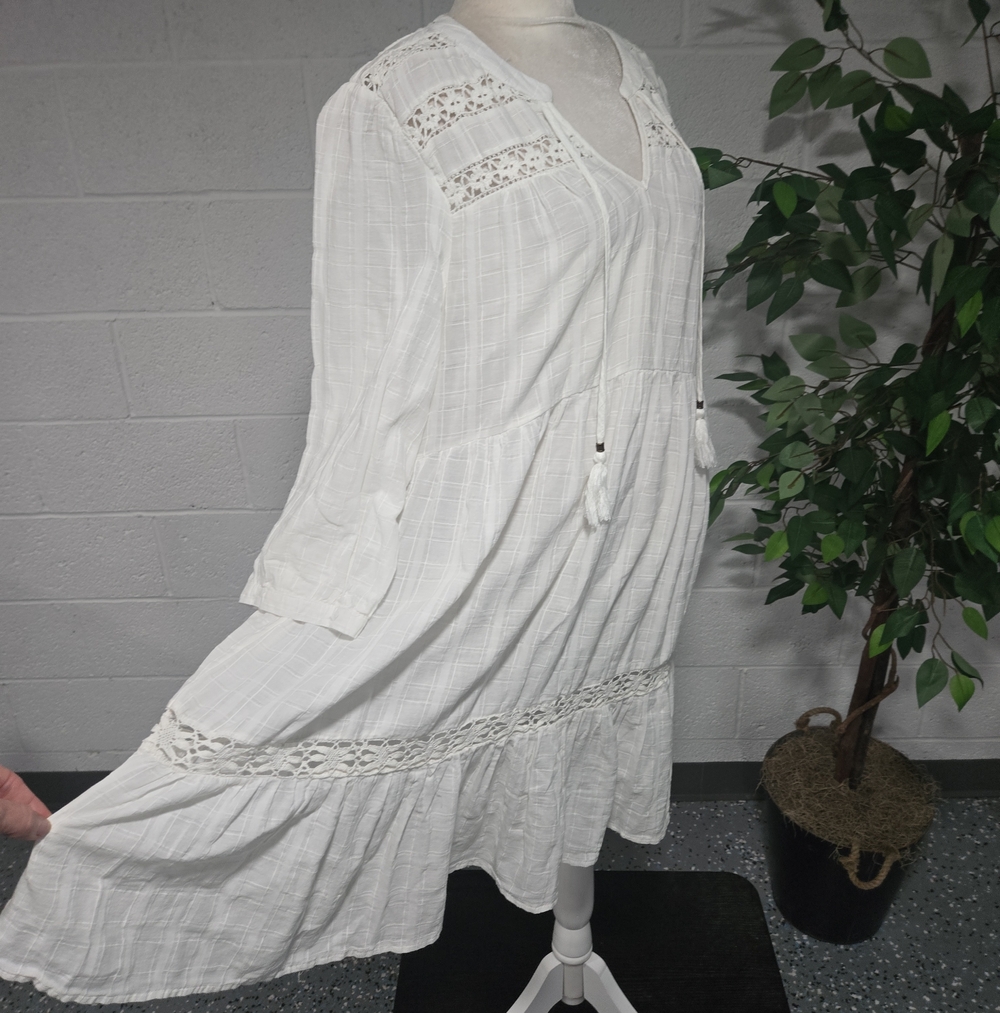 Crochet Cotton White Babydoll Relaxed Fit Midi Dress Large Boho Whimsical Bridal